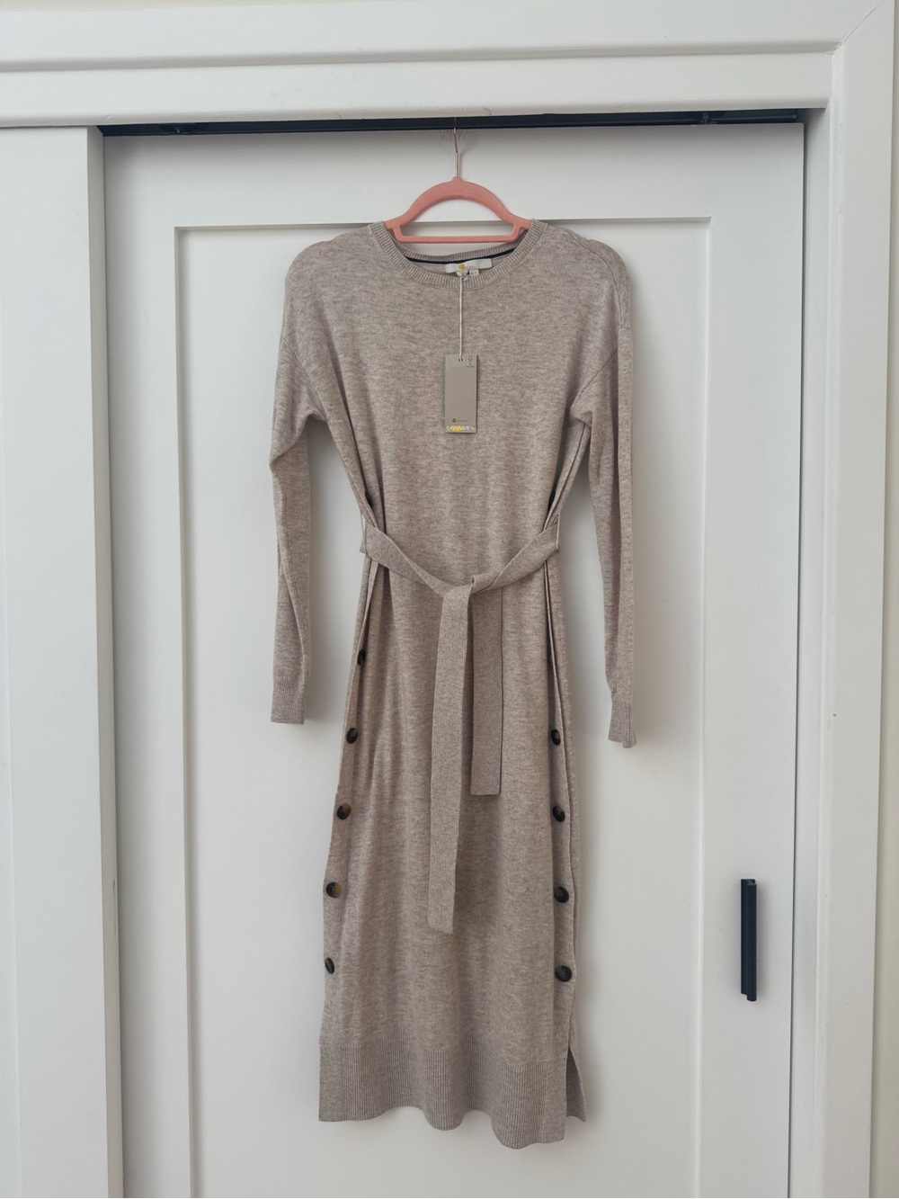 Boden Taupe Knit Long-Sleeve Belted Midi Dress - Picture 2 of 7